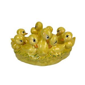 Vintage 1984 Chicks Nest Oval Ceramic Hand Painted Bowl Easter Spring Decor